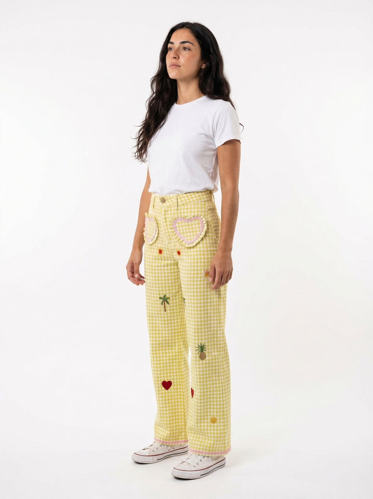 Vichy Embroidered Heart Pocket Pants - Pink - Full body studio shot on white background