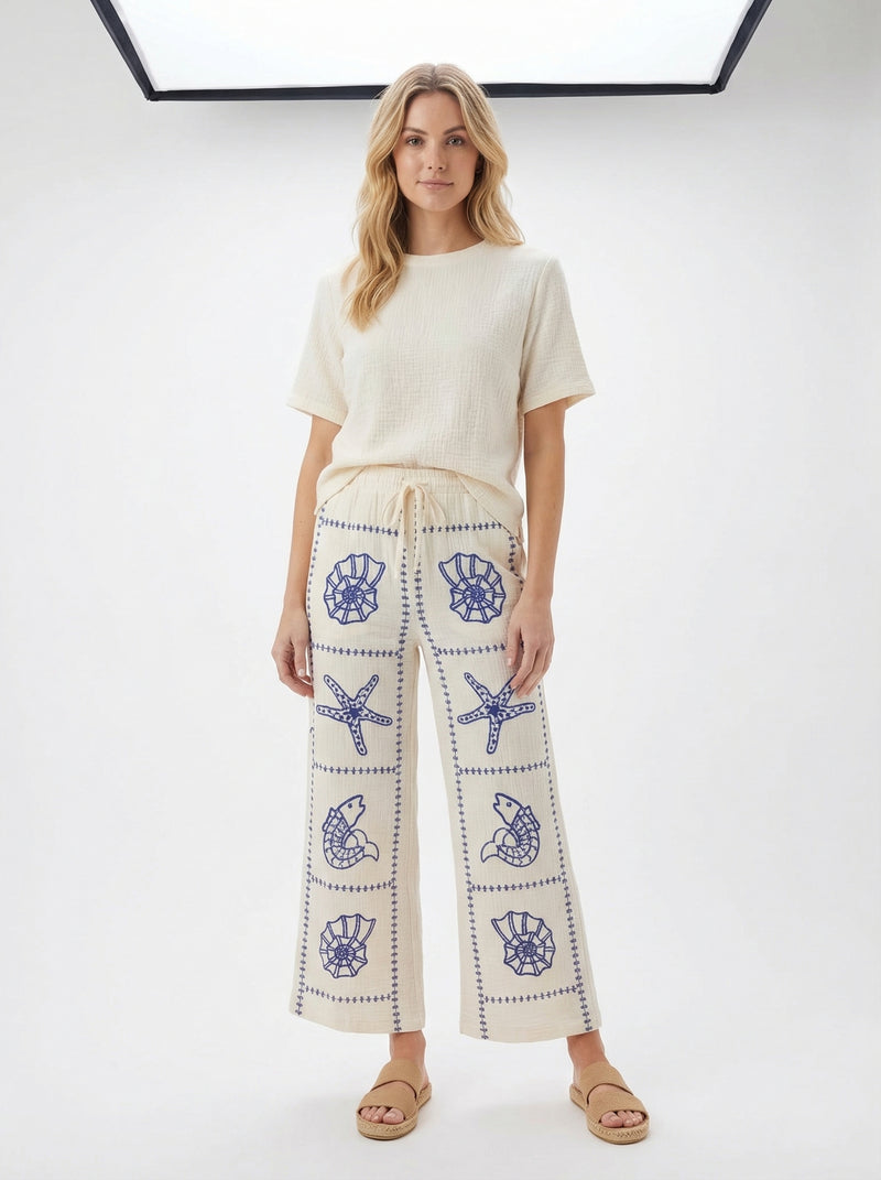 Embroidered Sea Life Wide-Leg Pants - Red - Full body studio shot on white background
