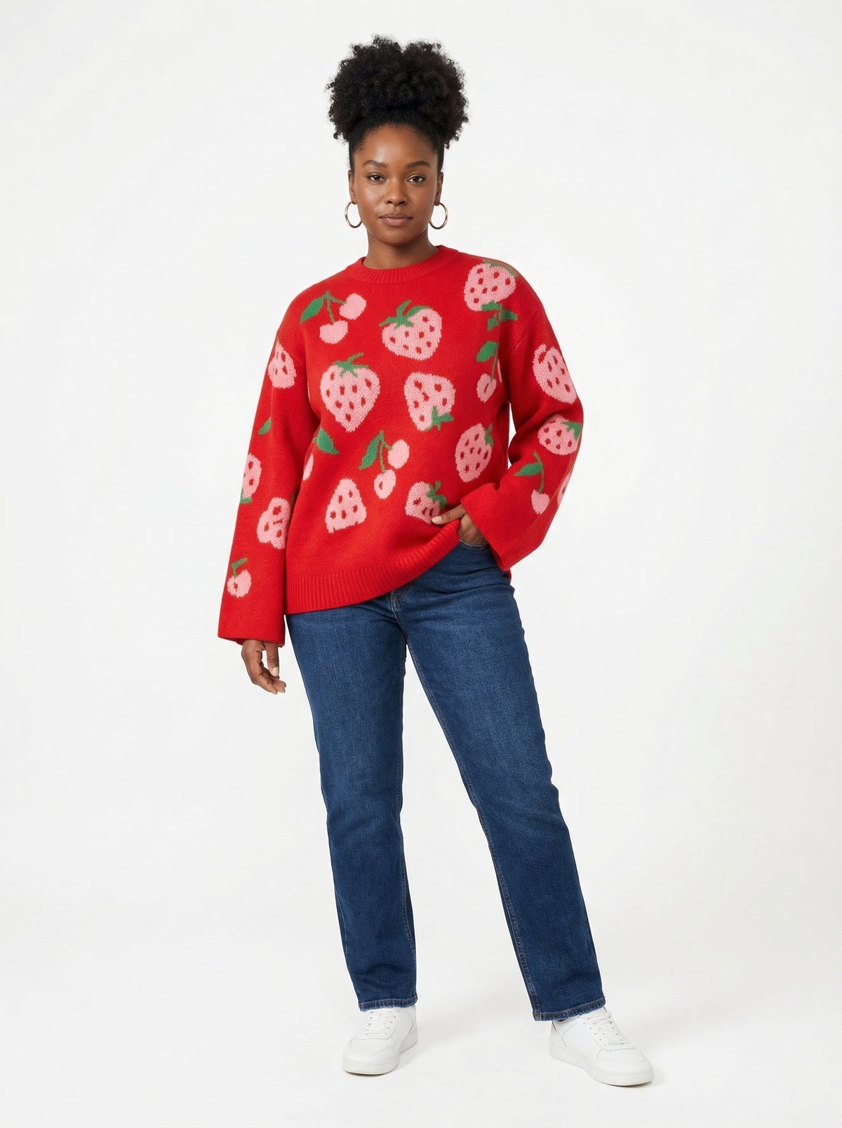 Strawberry Knit Sweater - Red - Full body studio shot on white background