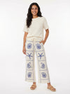 Embroidered Sea Life Wide-Leg Pants - Red - Full body studio shot on white background
