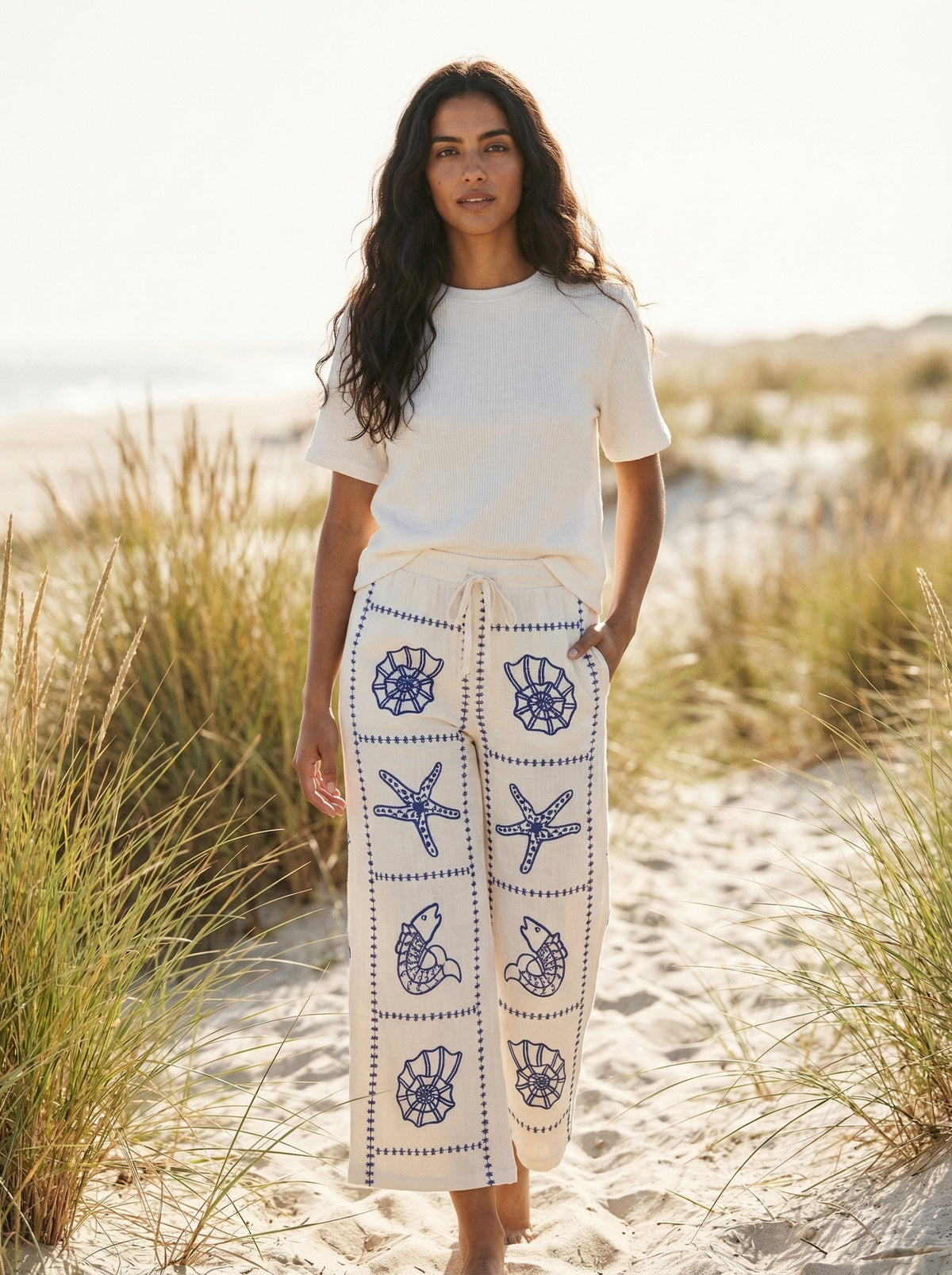 Embroidered Sea Life Wide-Leg Pants - Red - Lifestyle editorial shot