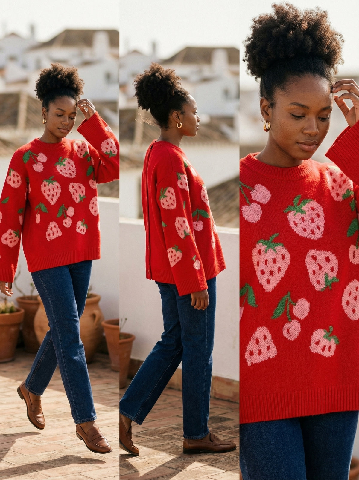 Strawberry Knit Sweater - Red - Lifestyle editorial shot