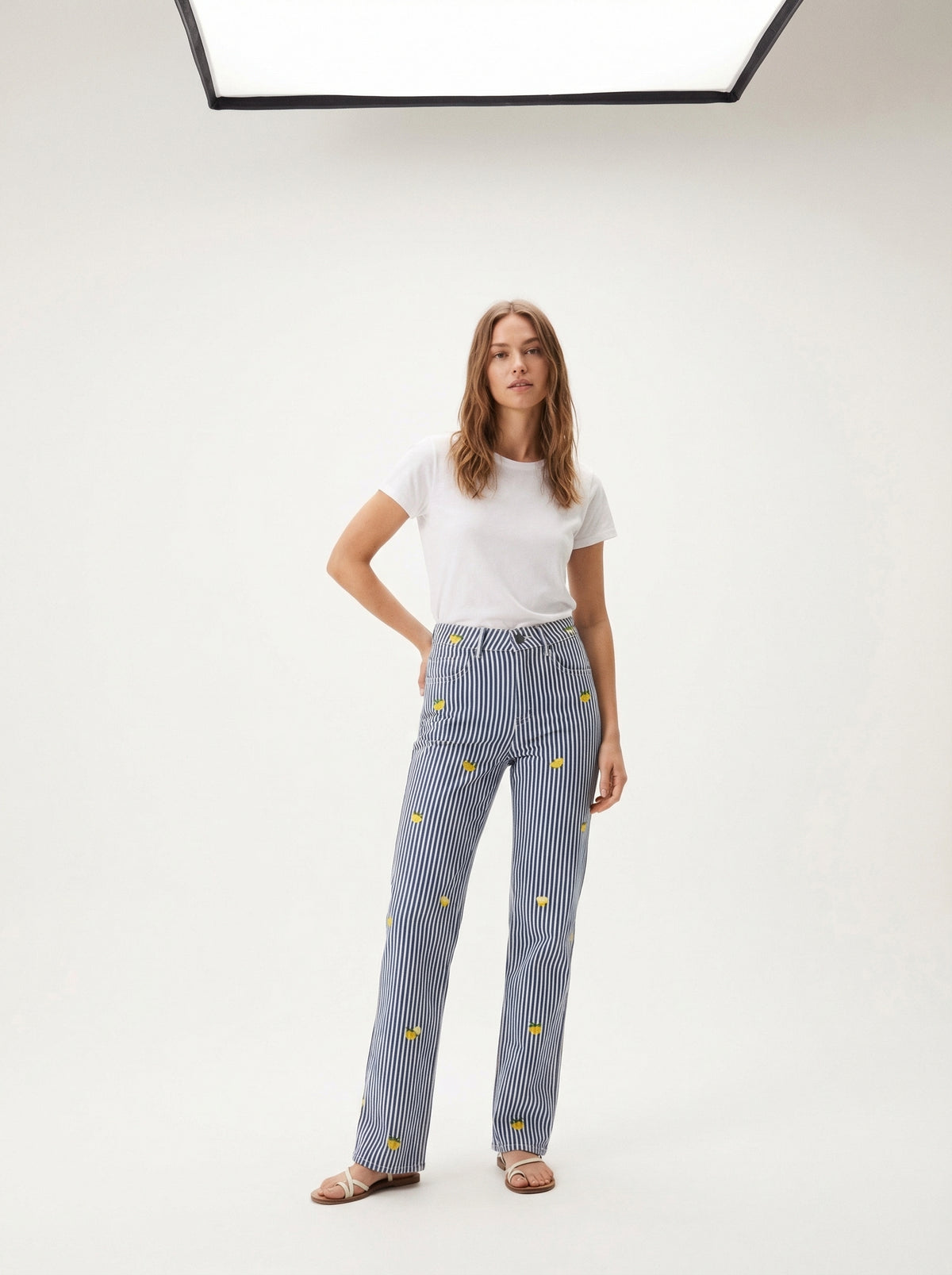 Pinstripe Lemon Pants - Striped - Full body studio shot on white background