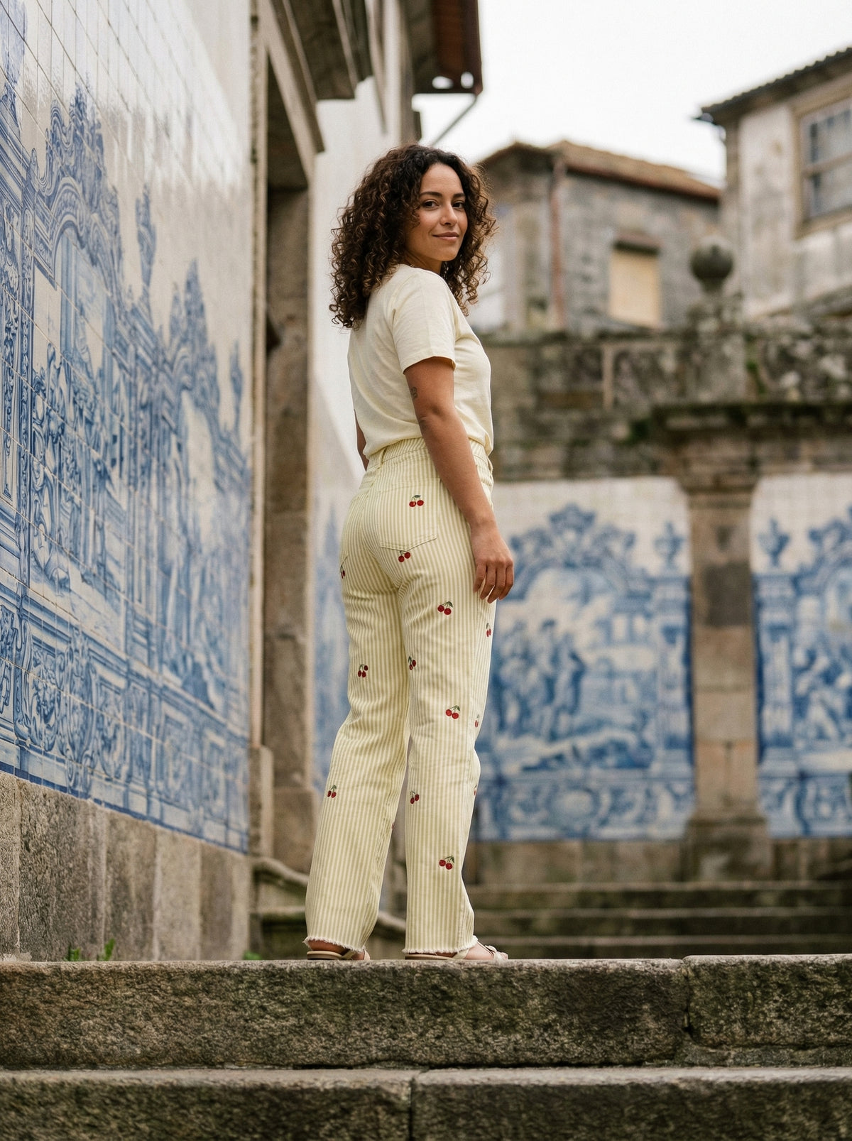 Striped Cherry Cotton Pants - Striped - Lifestyle editorial shot