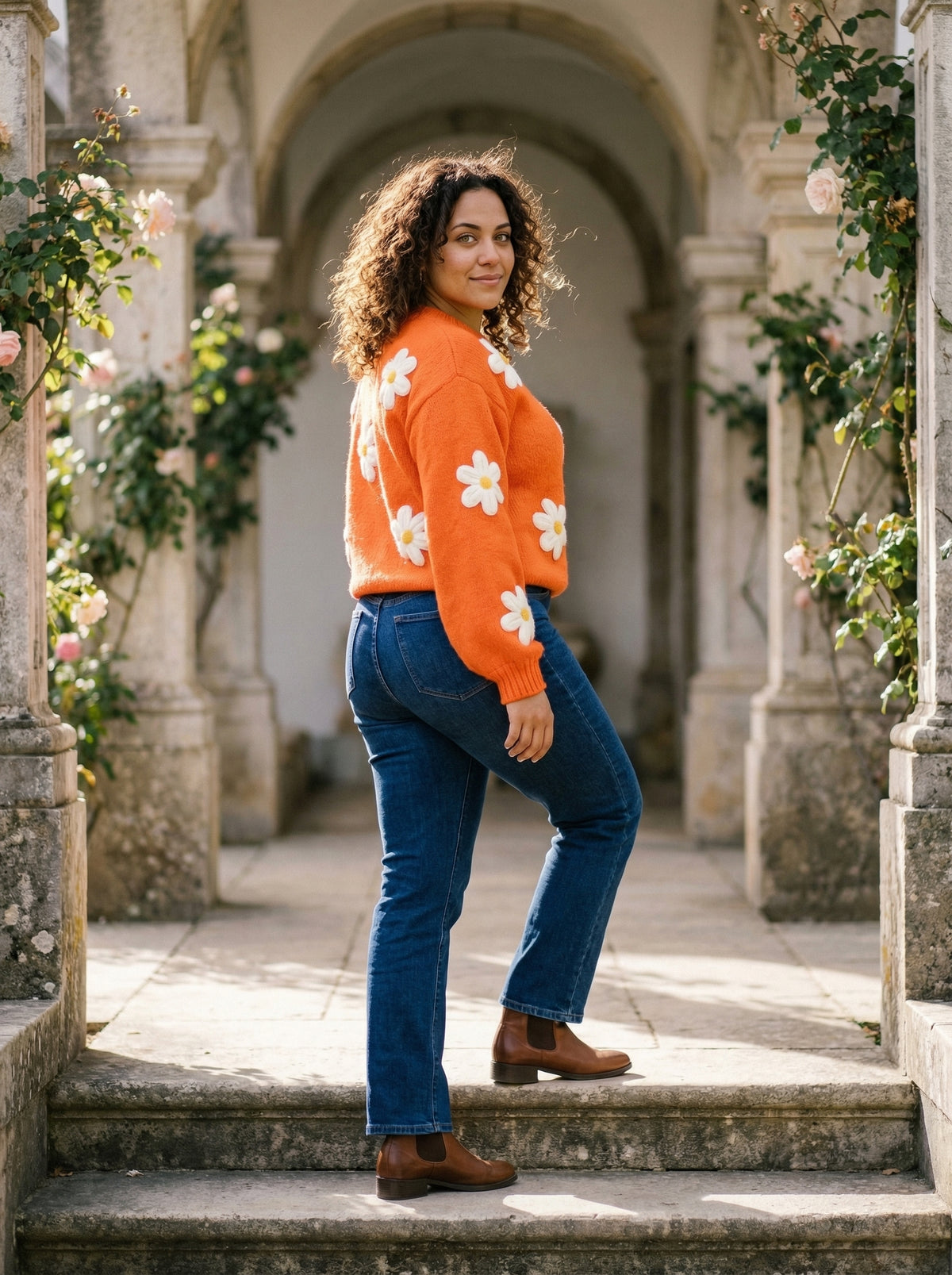 Sweater Daisys - Tangerine - Lifestyle editorial shot