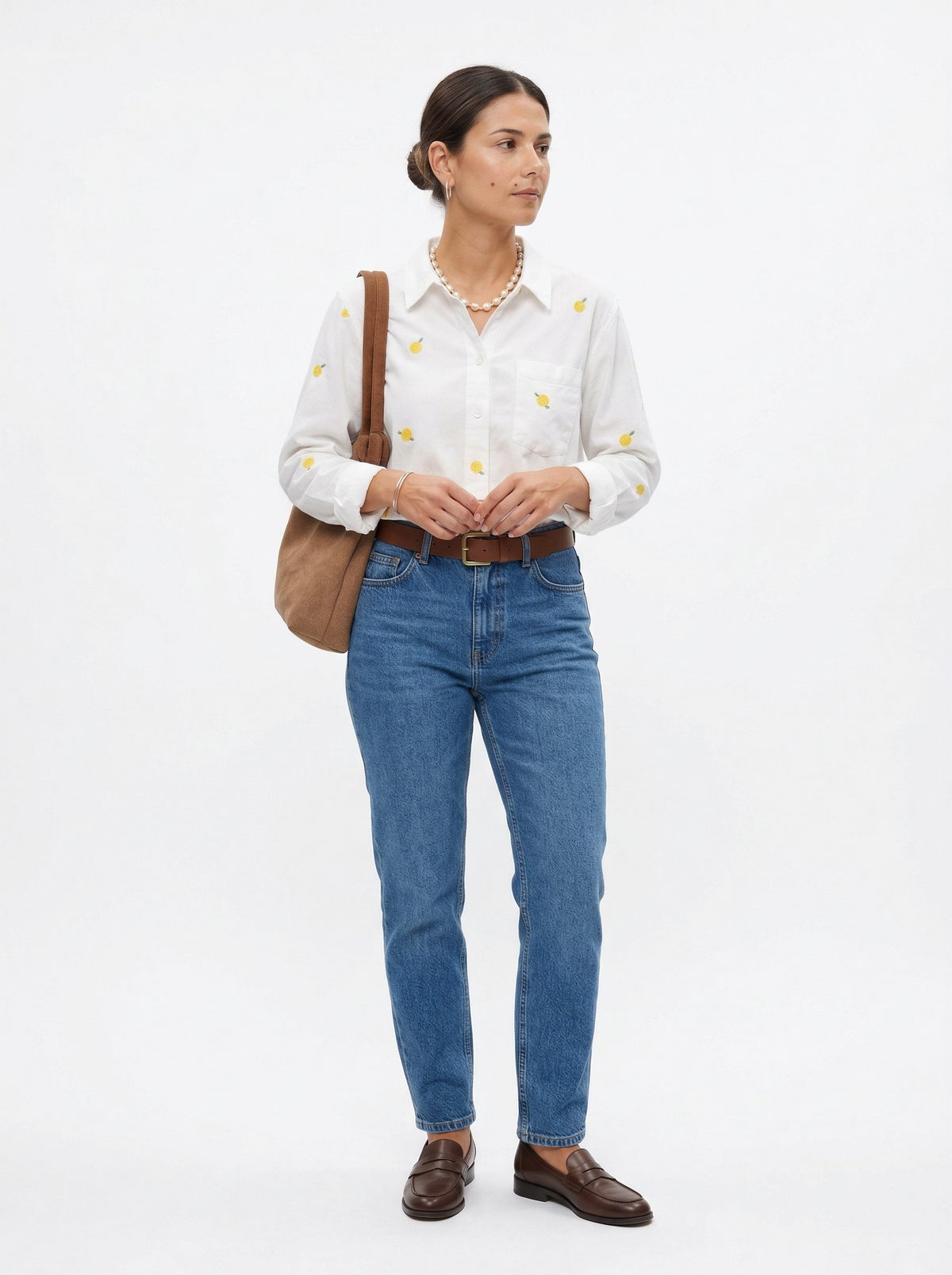 Lemon Embroidered Blouse - White - Full body studio shot on white background