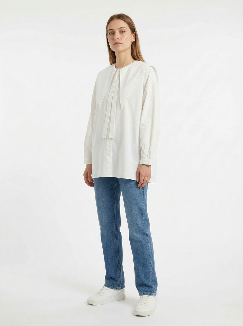 Pointed Collar Blouse - White - Full body studio shot on white background