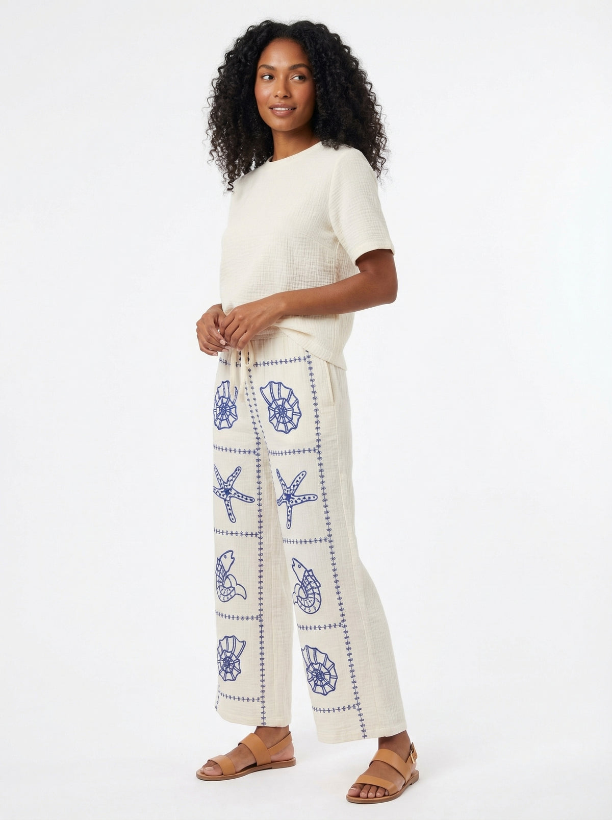 Embroidered Sea Life Wide-Leg Pants - White - Full body studio shot on white background