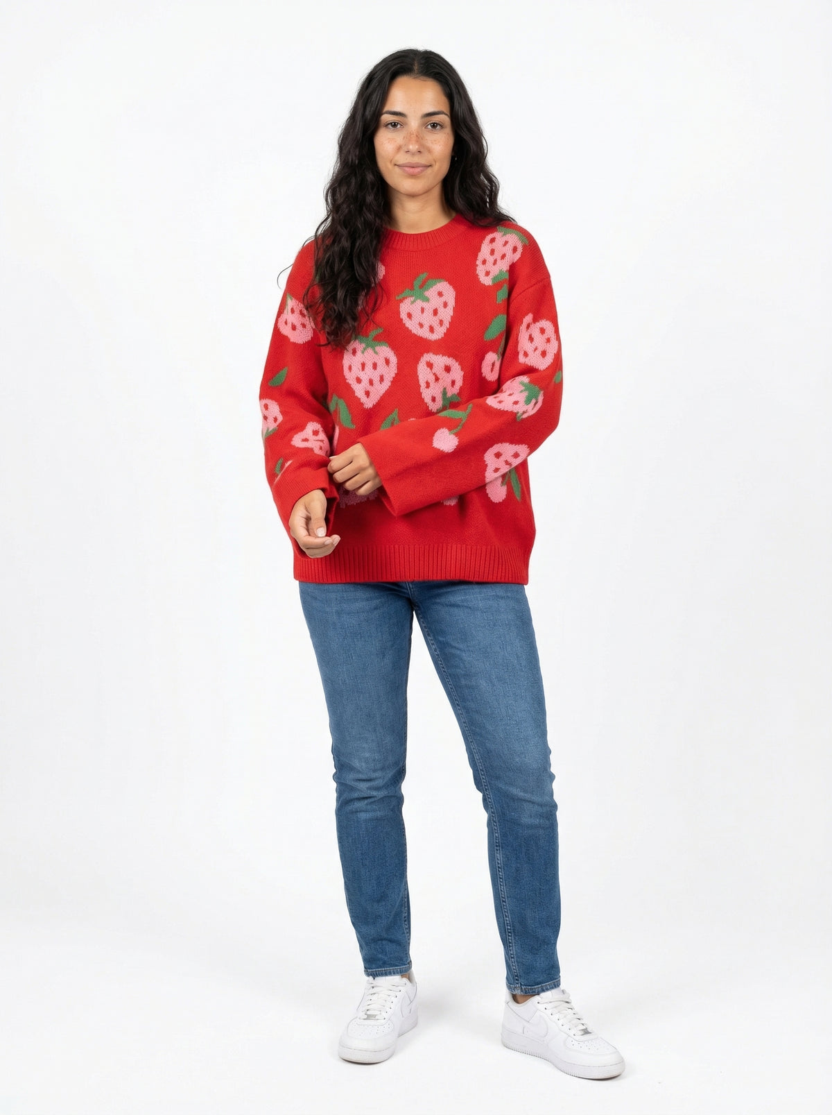 Strawberry Knit Sweater - White - Full body studio shot on white background