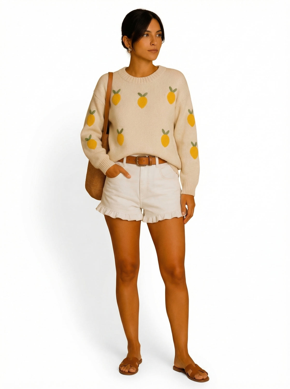 Lemon Knit Sweater - White - Full body studio shot on white background