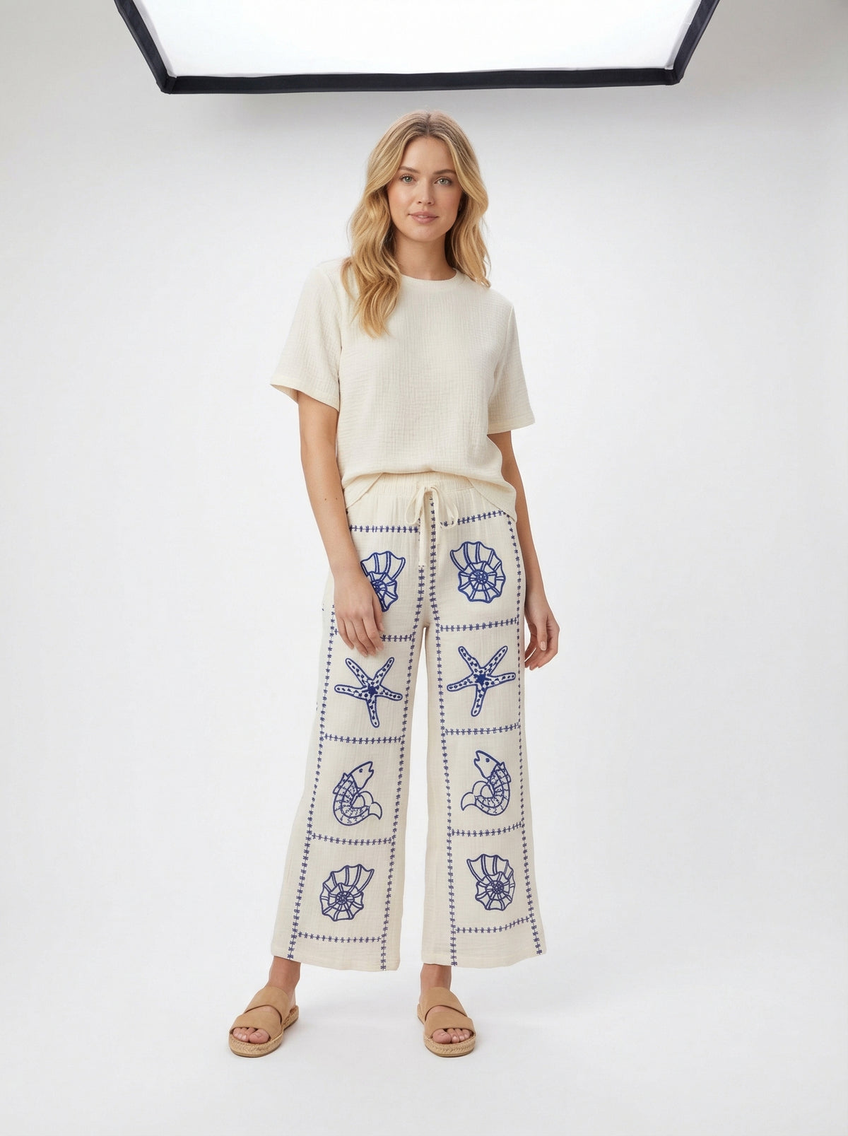 Embroidered Sea Life Wide-Leg Pants - White - Full body studio shot on white background