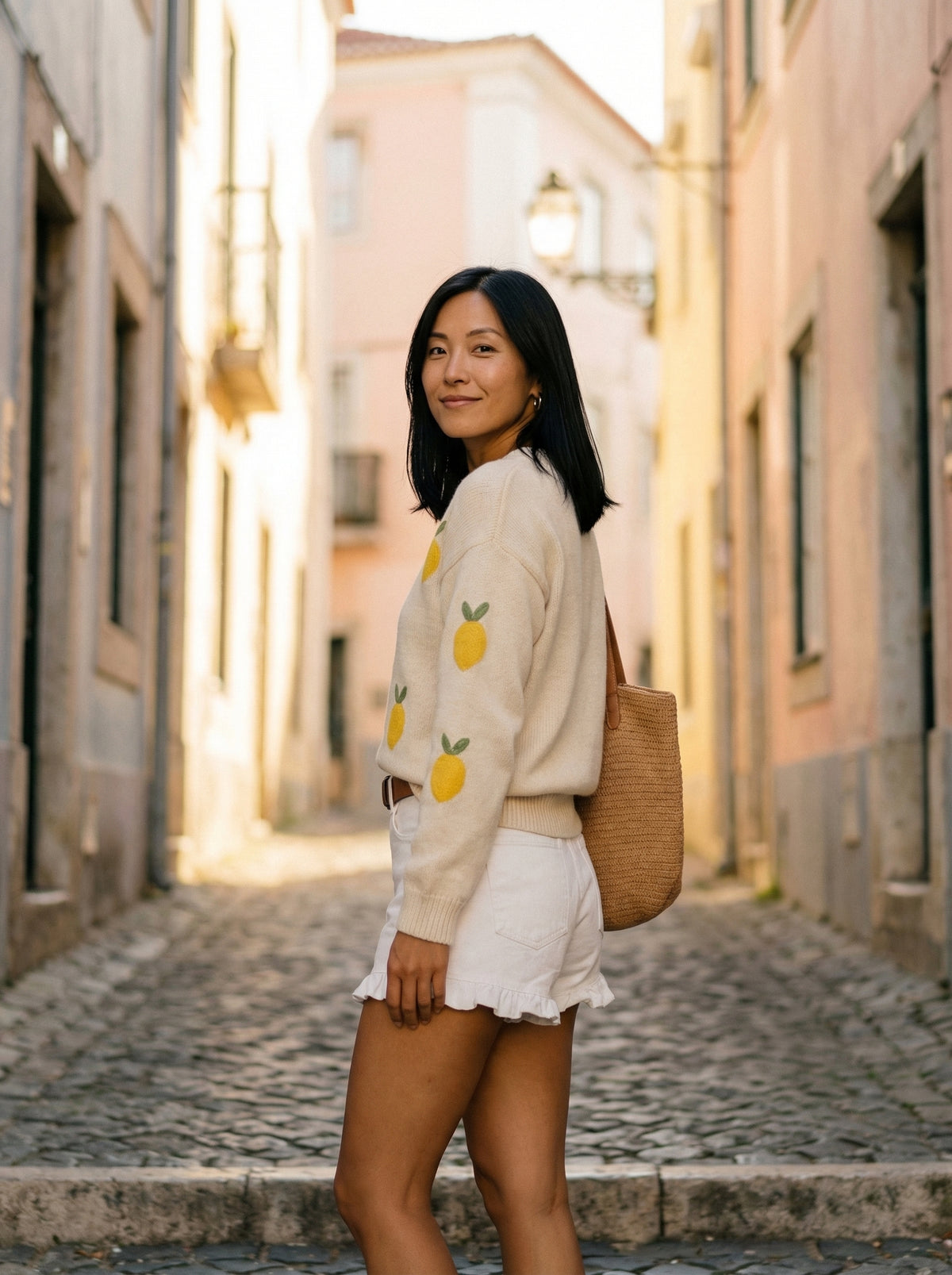 Lemon Knit Sweater - White - Lifestyle editorial shot