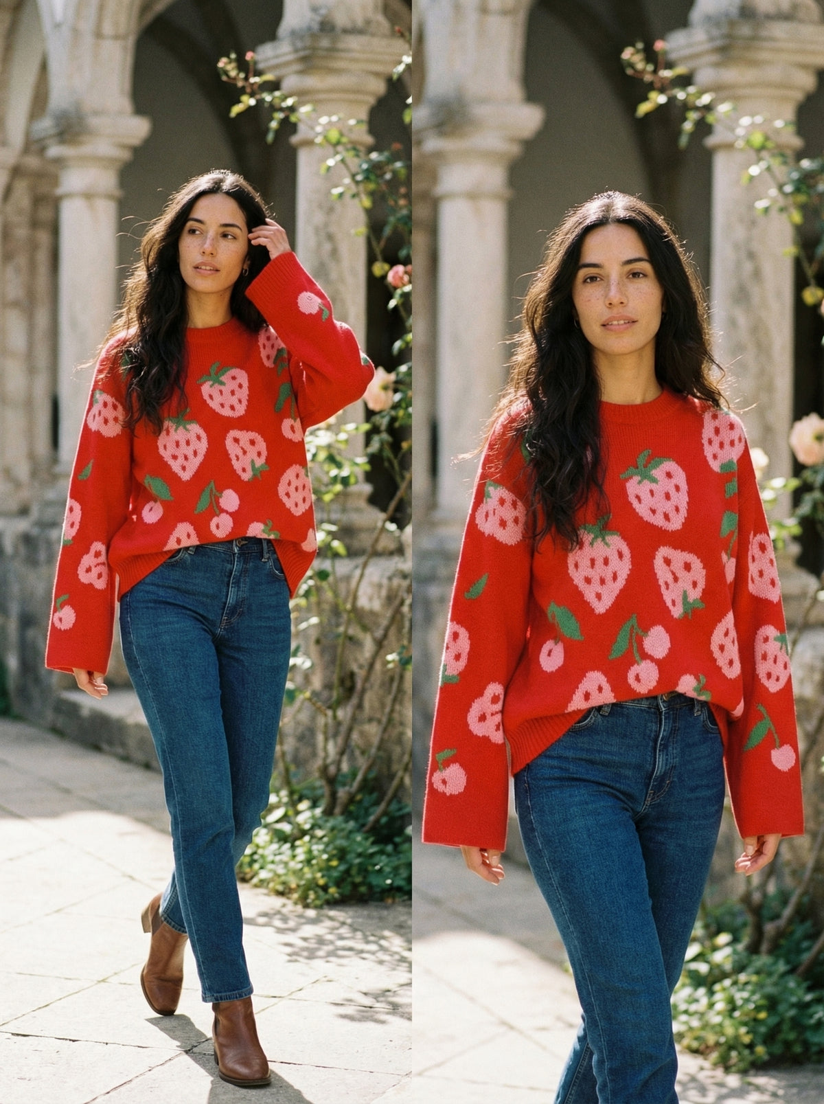 Strawberry Knit Sweater - White - Lifestyle editorial shot