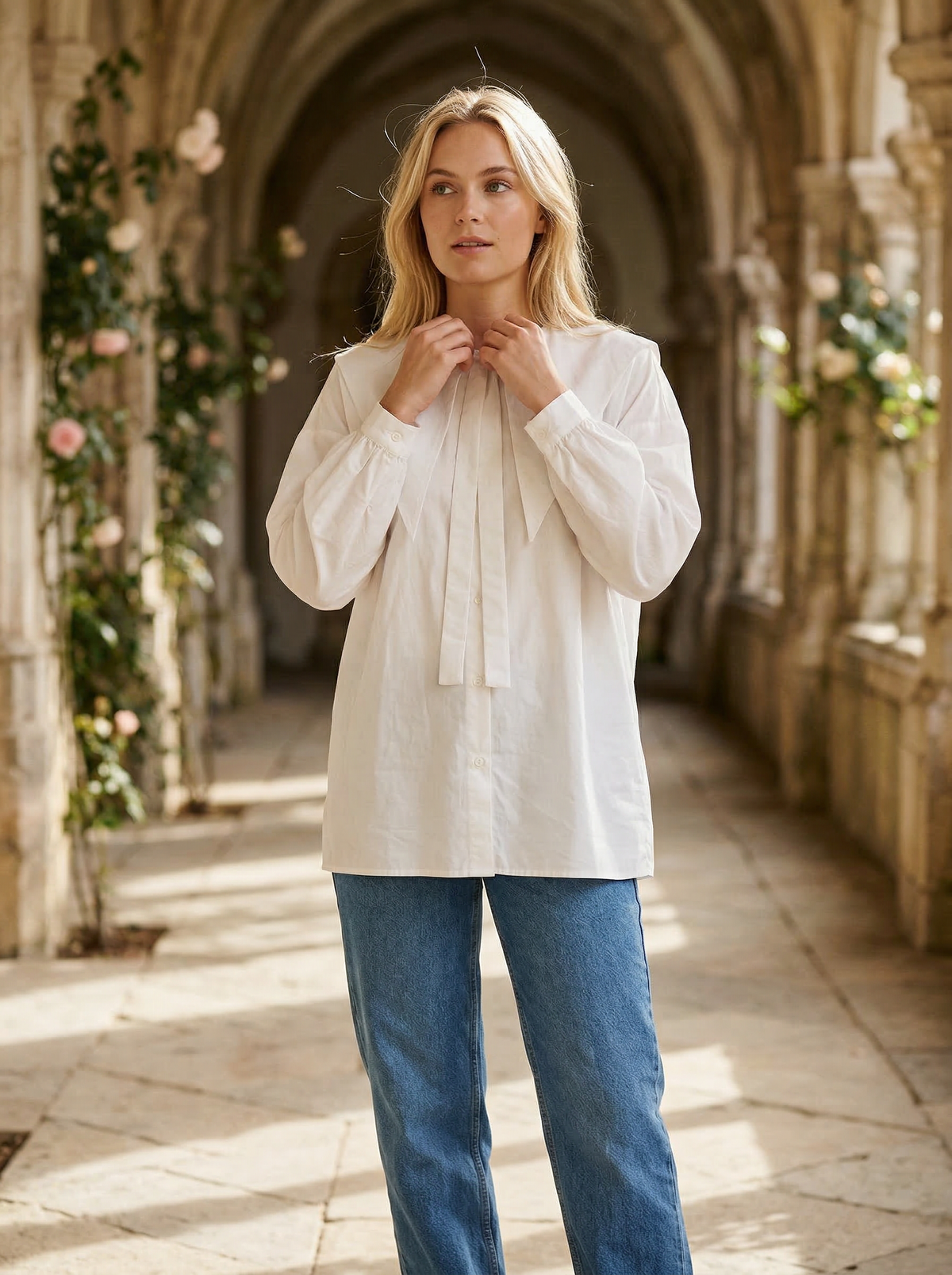 Pointed Collar Blouse - White - Lifestyle editorial shot