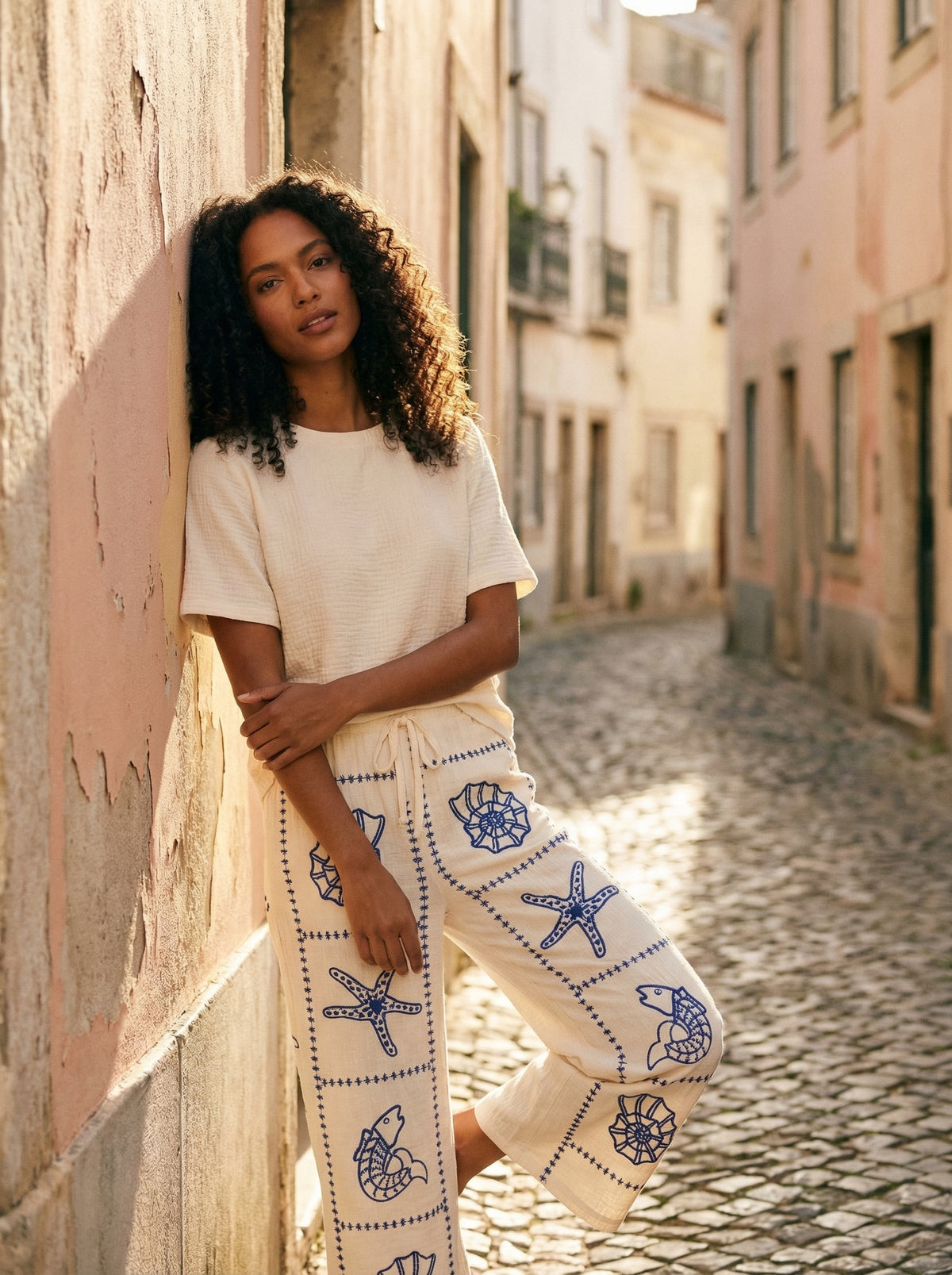 Embroidered Sea Life Wide-Leg Pants - White - Lifestyle editorial shot