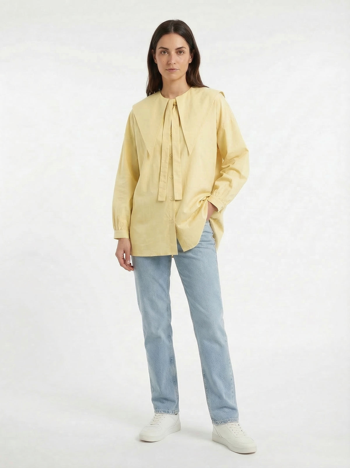 Pointed Collar Blouse - Yellow - Full body studio shot on white background