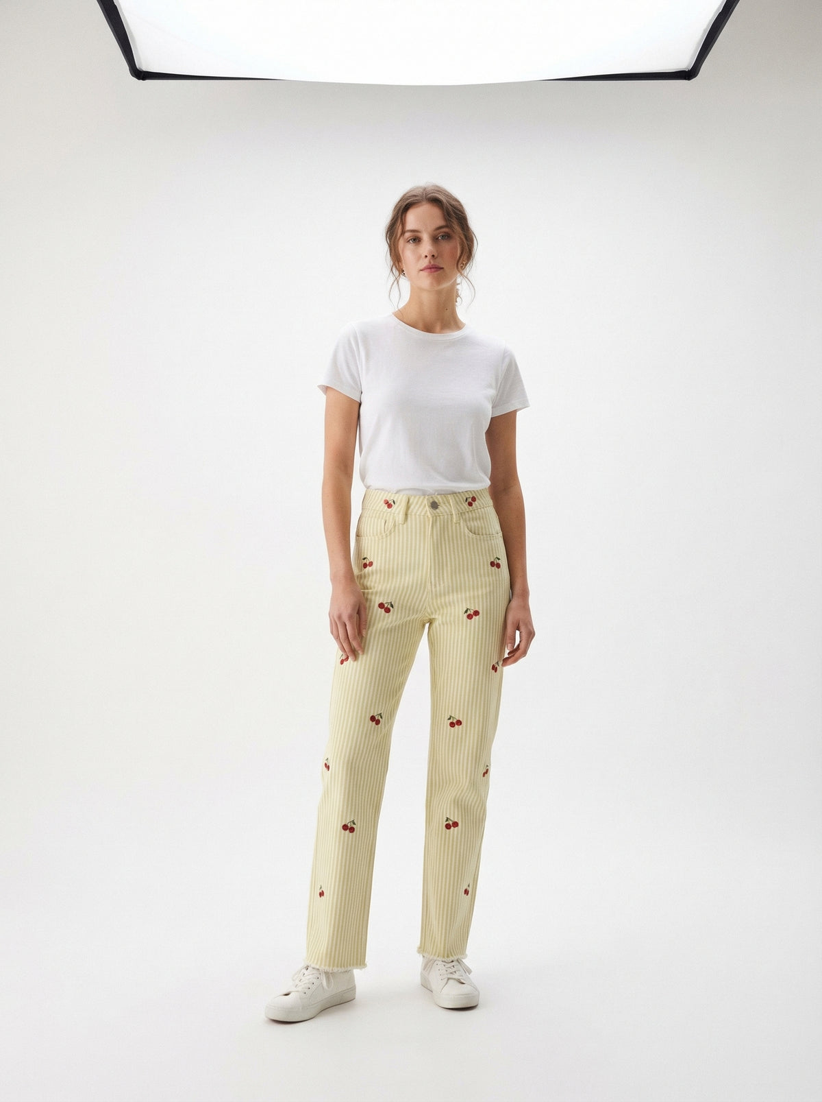 Striped Cherry Cotton Pants - Yellow - Full body studio shot on white background