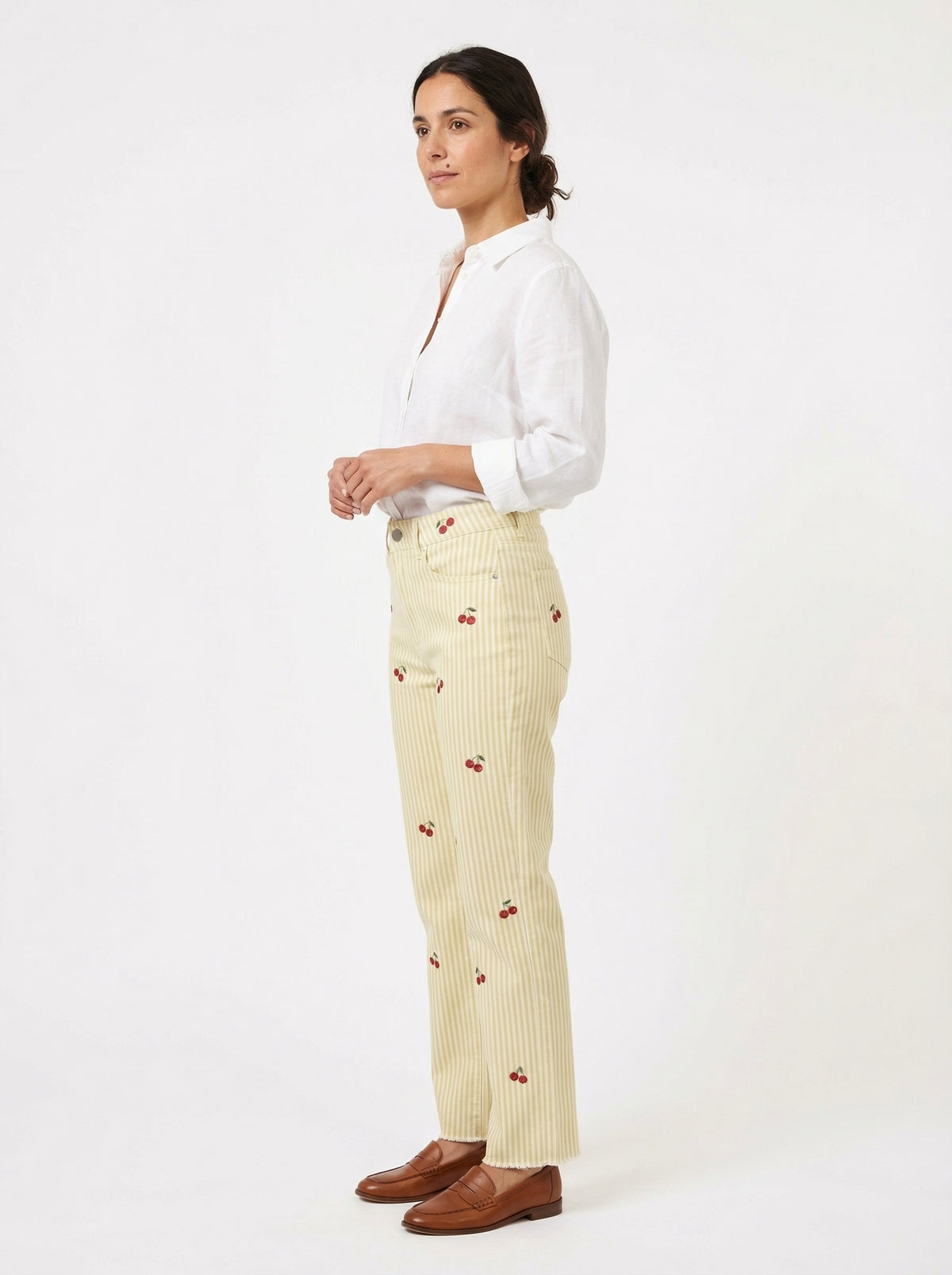 Striped Cherry Cotton Pants - Yellow - Full body studio shot on white background