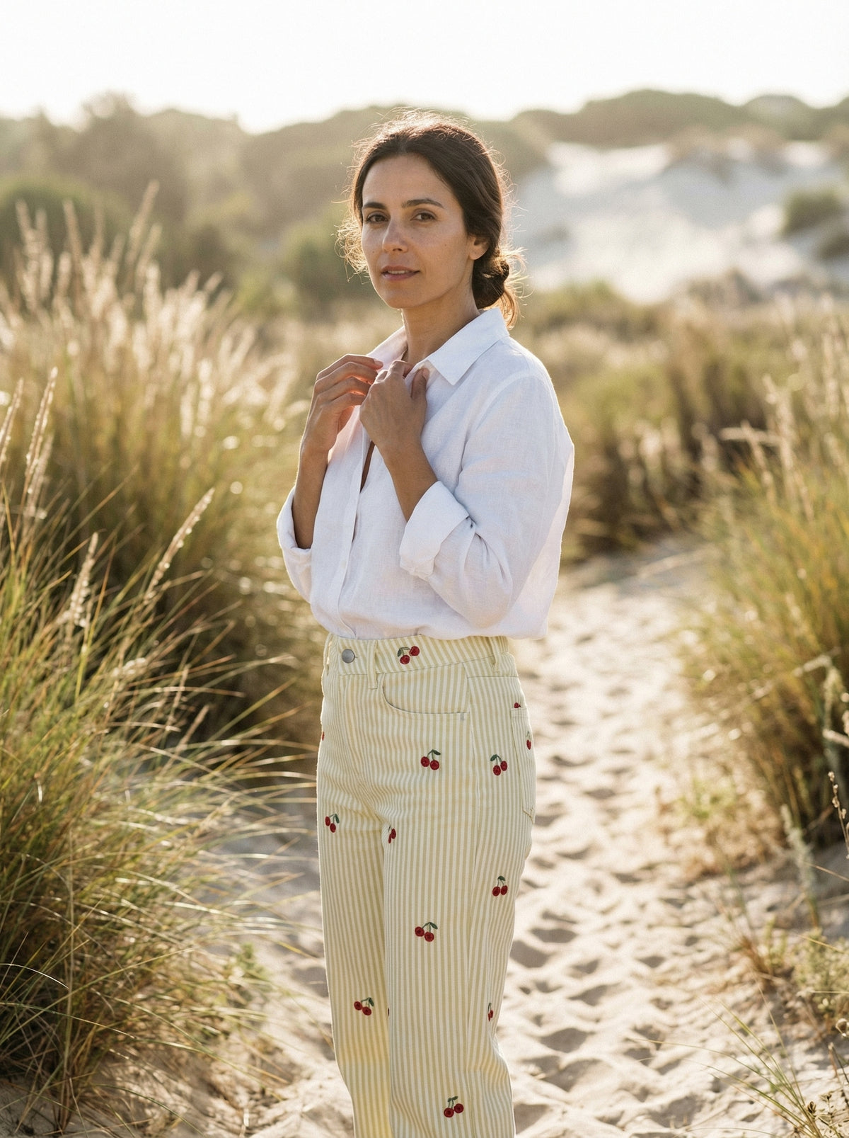 Striped Cherry Cotton Pants - Yellow - Lifestyle editorial shot