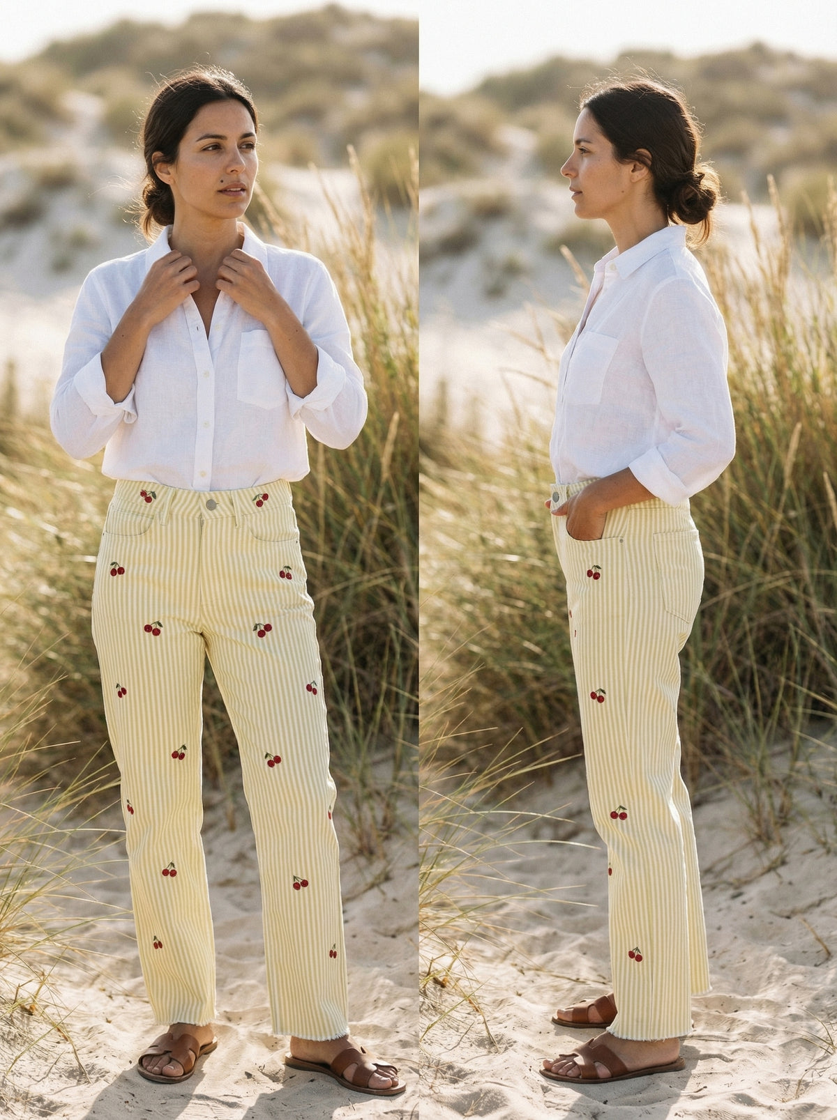 Striped Cherry Cotton Pants - Yellow - Lifestyle editorial shot