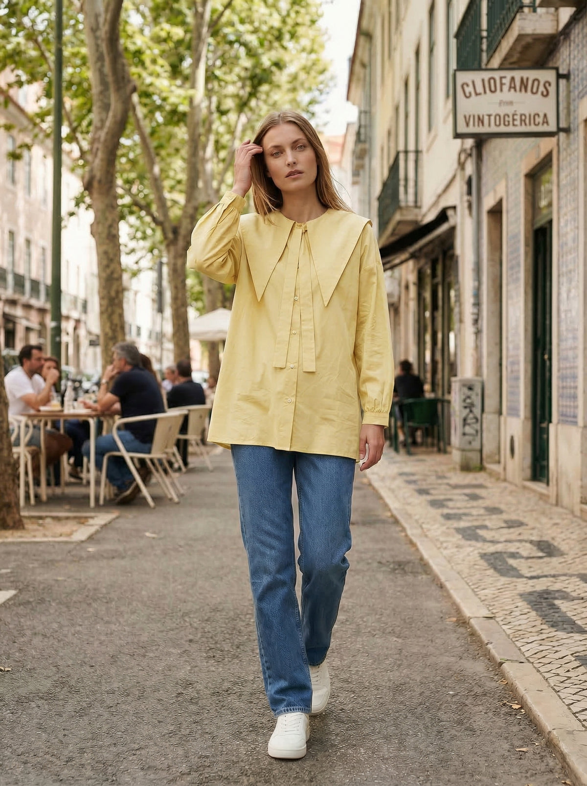 Pointed Collar Blouse - Yellow - Lifestyle editorial shot, alternate setting