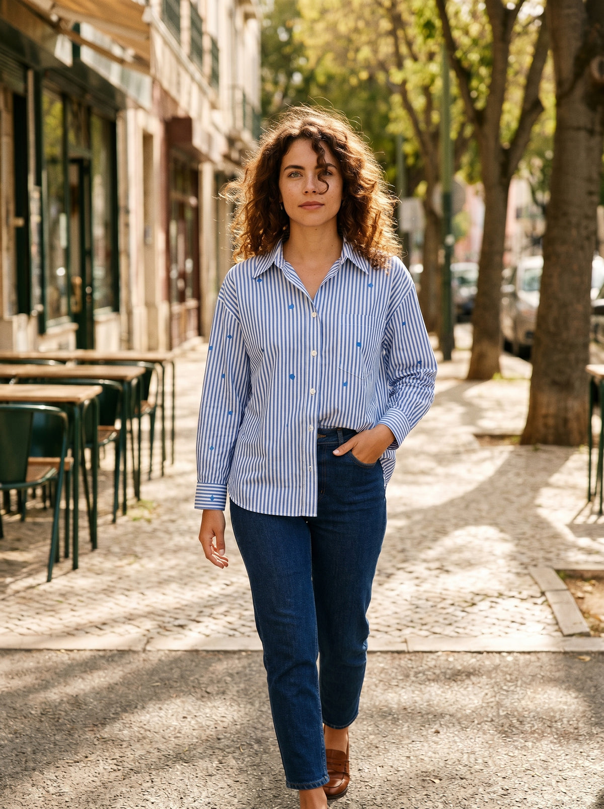 Blusa Oversized em Algodão com Riscas e Diamantes