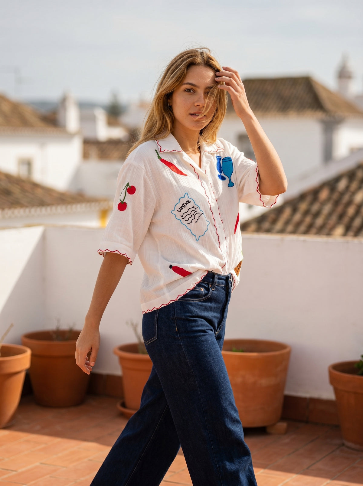 Market Motif Cotton Blouse With Scalloped Trim