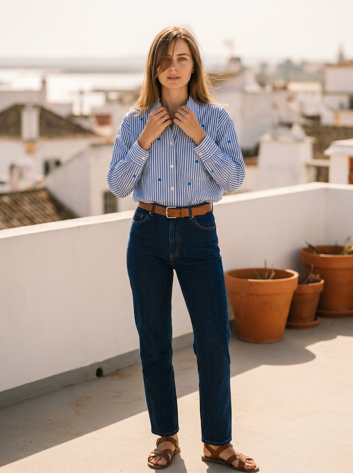 Blusa Oversized em Algodão com Riscas e Diamantes