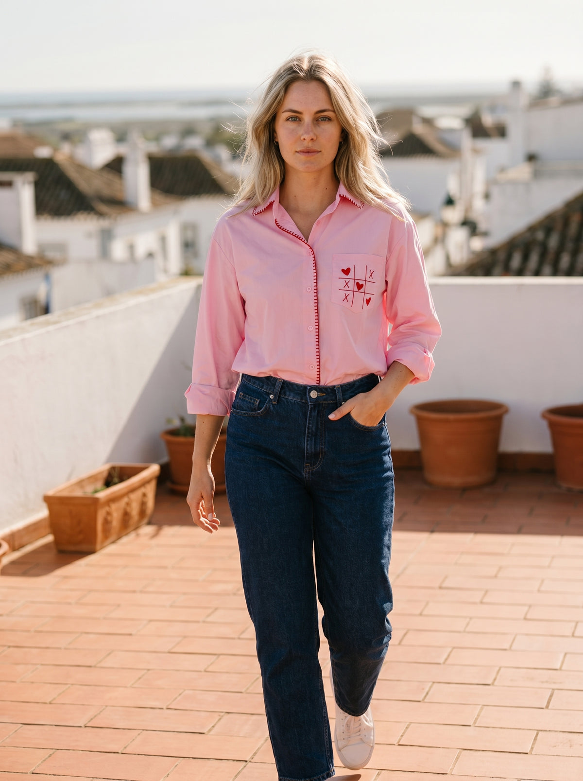 Tic-Tac-Toe Cotton Shirt With Red Stitching