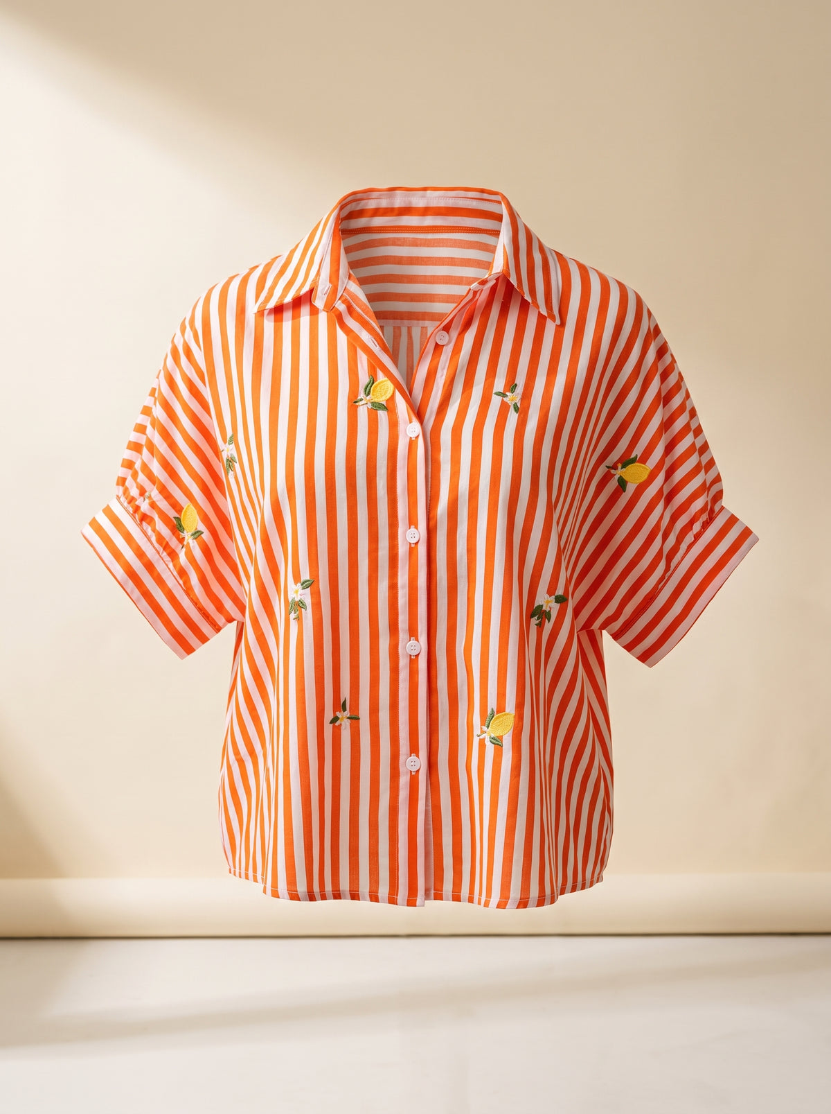 Blusa de Algodão às Riscas com Limões e Manga Curta