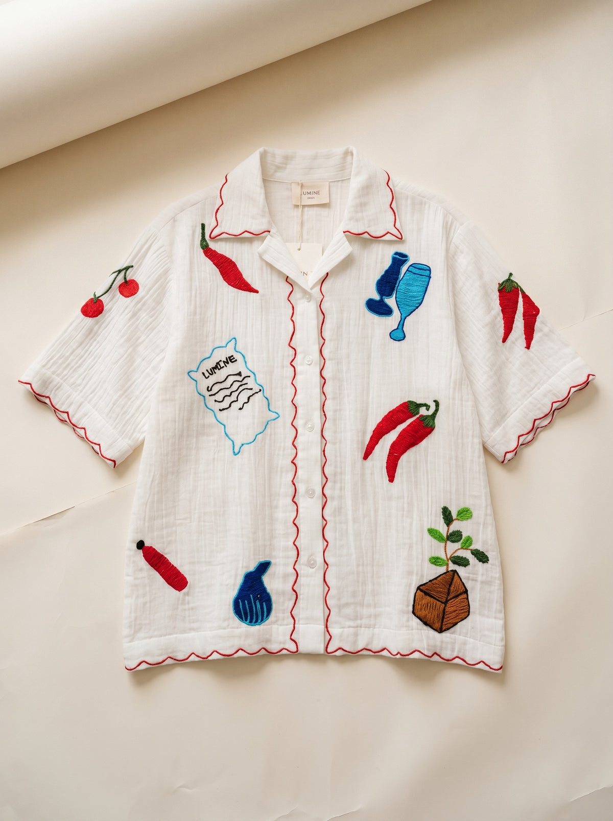 Market Motif Cotton Blouse With Scalloped Trim